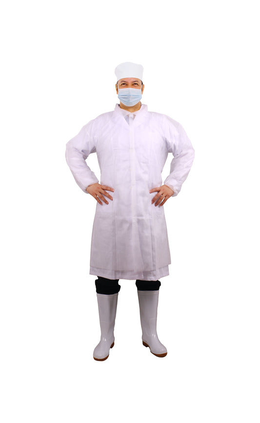 Lab Coat, SBPP, White, S, 35gsm, Elastic Cuff, Velcro, No Pockets, 10ea/bg, 3bg/cs; 30ea/cs
