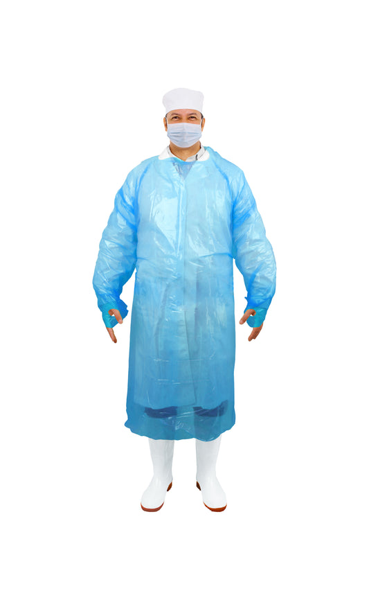 Gown, PE, Blue, 55'', Thumb Loops,  Long Tie, 1ea/pk, 10pk/bg, 10bg/cs; 100ea/cs