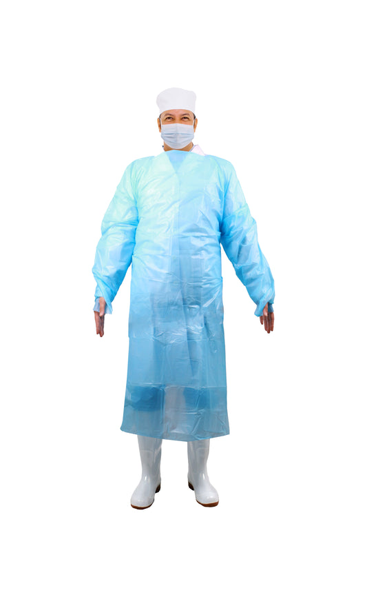 Gown, CPE ,Blue, 55", Thumb Loop, Solid Back,1ea/pk, 10pk/bg, 10bg/cs; 100ea/cs